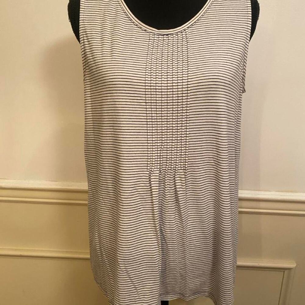 Lands' End Striped Pintuck Pleated Tank Top Women's Scoop Neck Sleeveless
